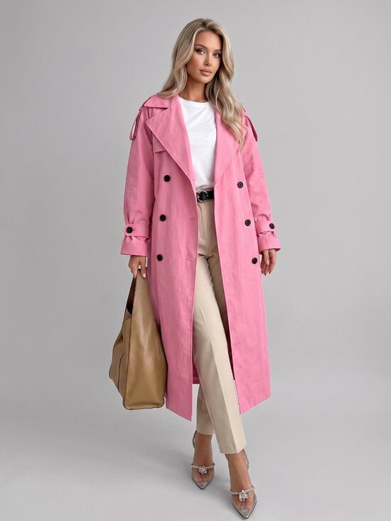 Jackets & Blazers - Women's Pink Oversized Belted Trench Coat Long Double Breasted Spring Jacket